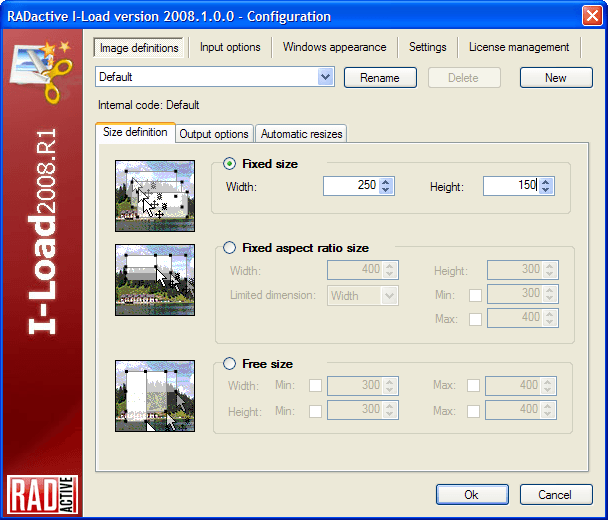 Image definitions: fixed size, constrained ratio or free size