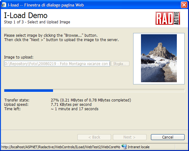 Step 1 of 3: pick a file and upload it to the server